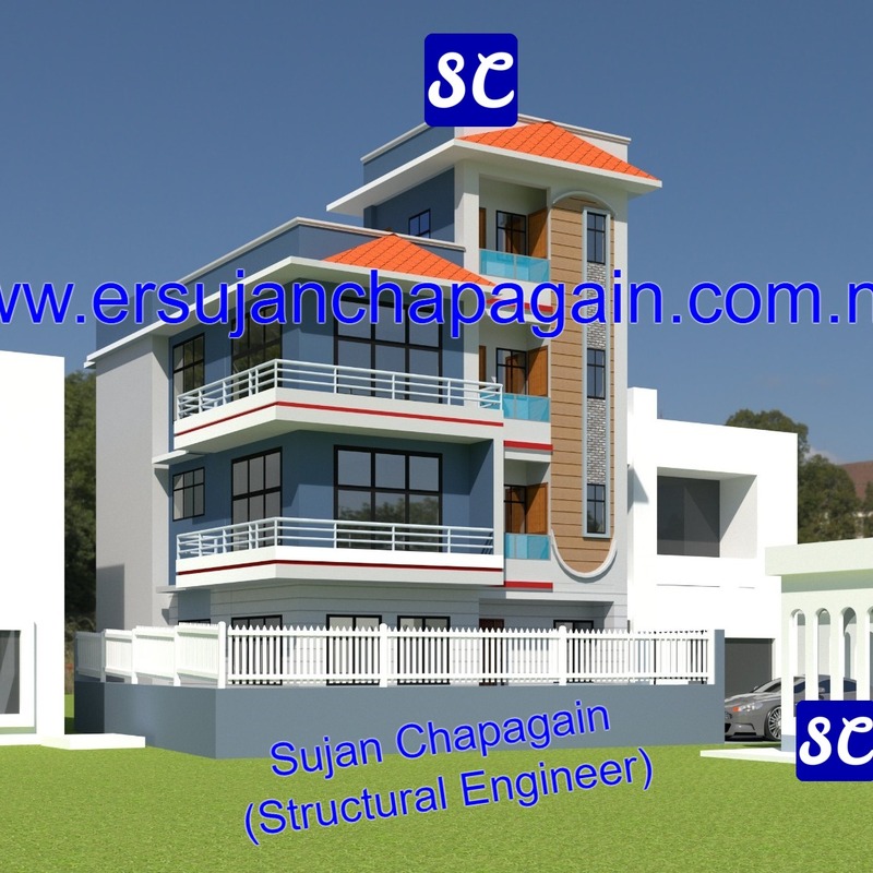 Residential modern design house building Revit render 3D front and left side view in Nepal
