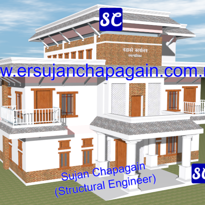 Office building SketchUp 3D view front and left view in Nepal
