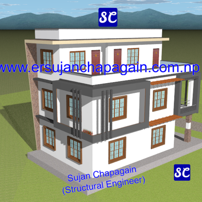 Residential modern box design house building SketchUp 3D view back and side view in Nepal