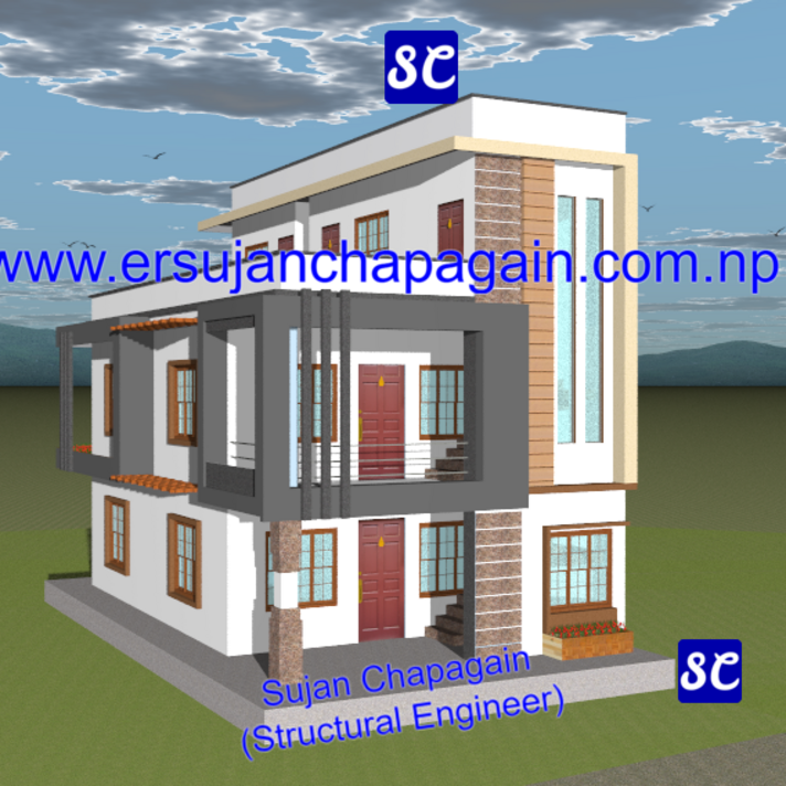 Residential modern box design house building SketchUp 3D view front and side view in Nepal