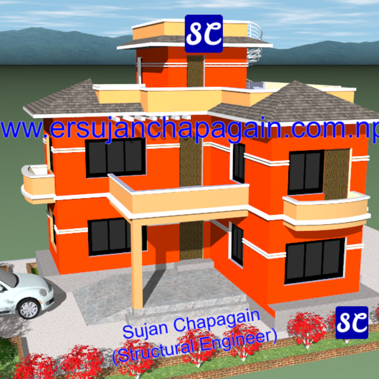 Residential pagoda roof house building SketchUp 3D view right side in Nepal