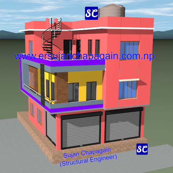 Residential house cum commercial shutter building SketchUp 3D view right in Nepal