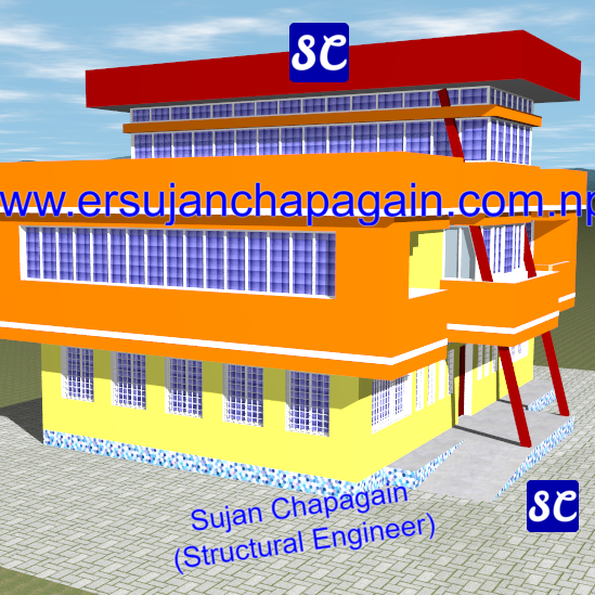 Concrete office building SketchUp 3D view front and left in Nepal